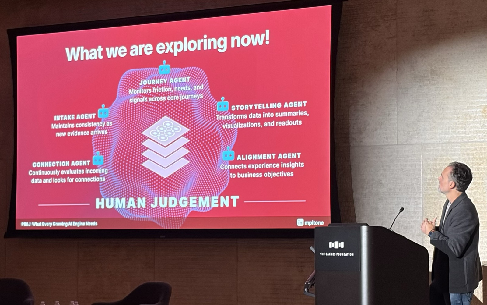 Slide: What we are exploring now, showing journey, storytelling, alignment, connection, and intake agents surrounding Human Judgement