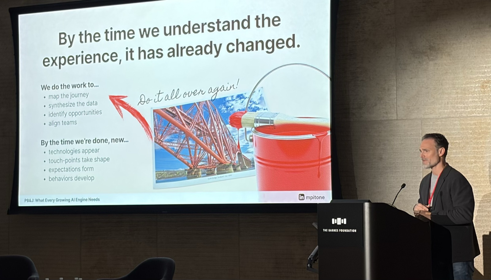 Slide: By the time we understand the experience, it has already changed, with the Forth Bridge and a paint bucket illustrating doing it all over again