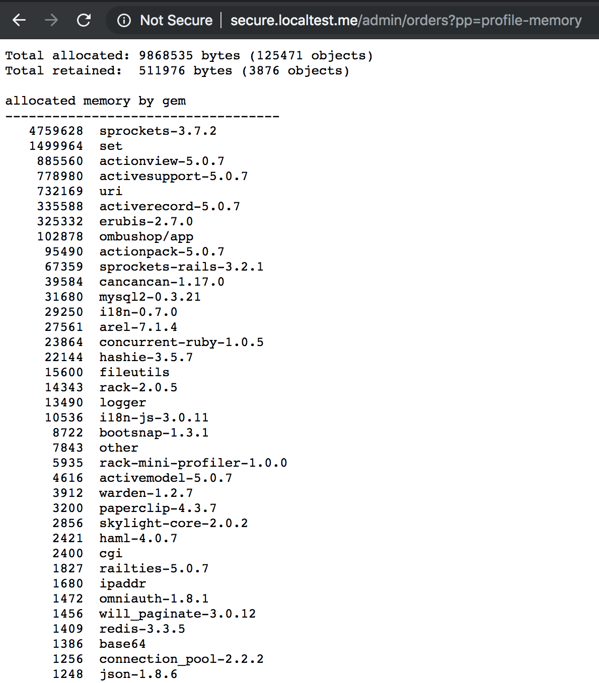 Memory stats for a request with Rack Mini Profiler